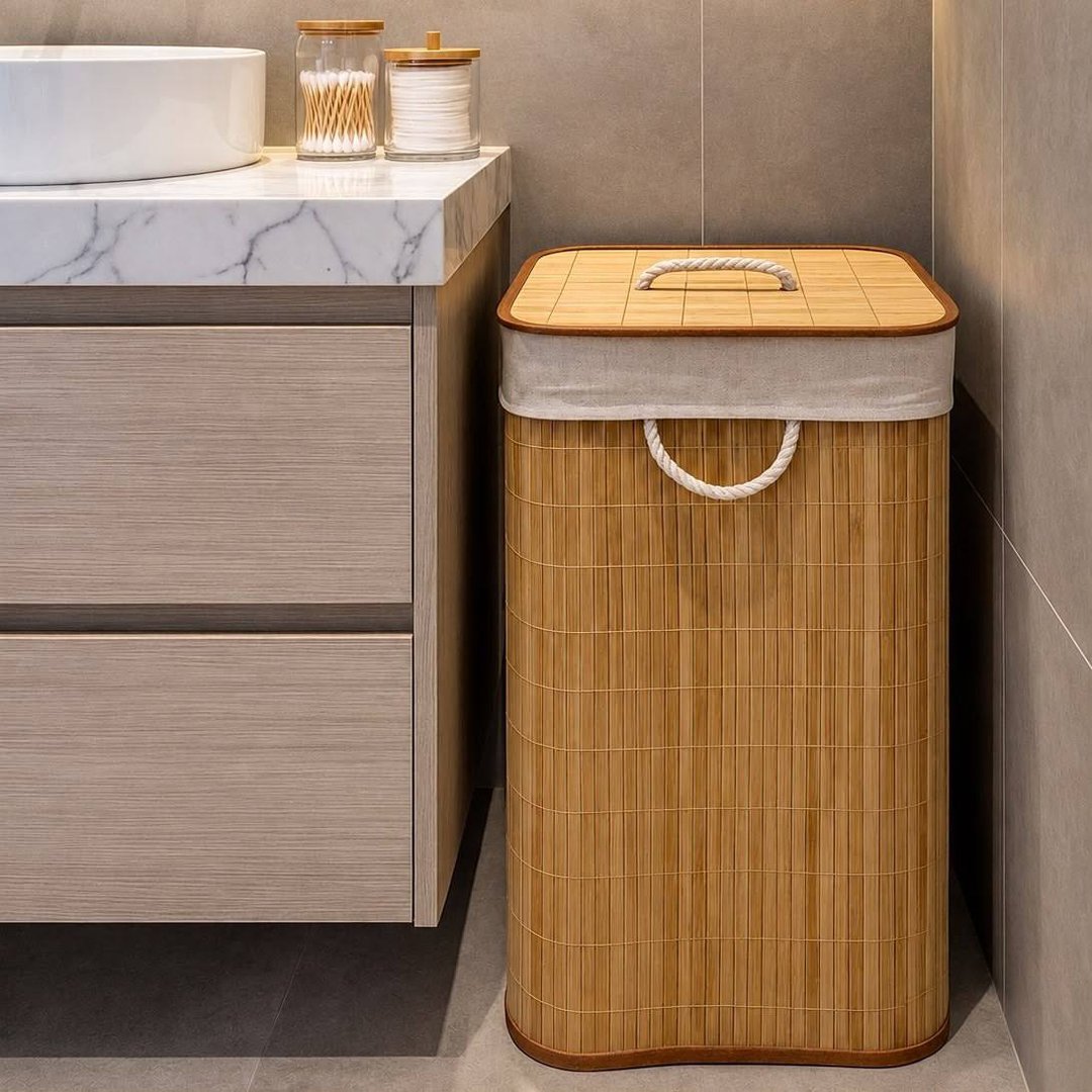 Cesto Roupa Bambu Retangular Dobrável Eps-3903 Com Tampa Alças 60l Bege