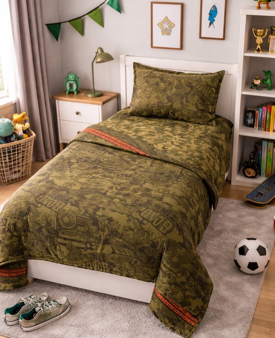 Cobre-leito Infantil Solteiro Karsten 100% Algodão 180 Fios Camuflado Verde 2 Peças