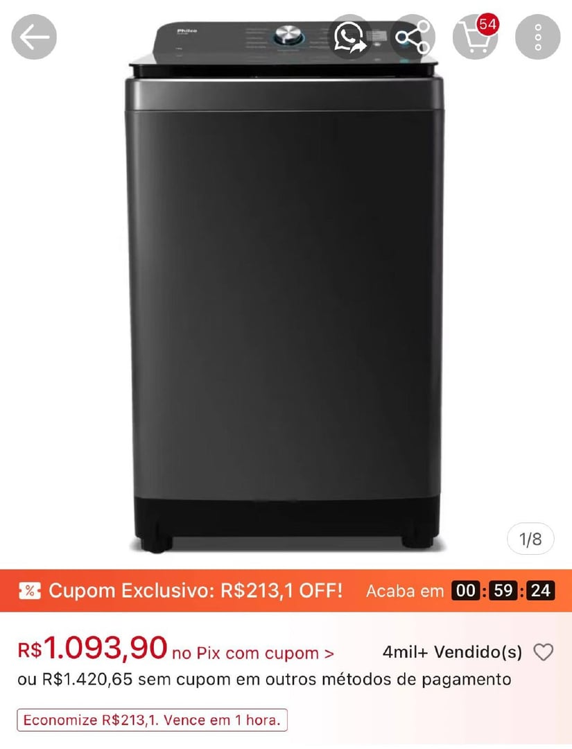 Máquina de Lavar Philco 14 Kg Preto Plr14b 12 Programas  Cesto de Inox Tampa de Vidro