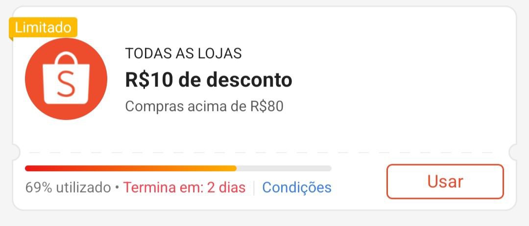Cupom R$ 10 a partir de R$ 80 - Shopee