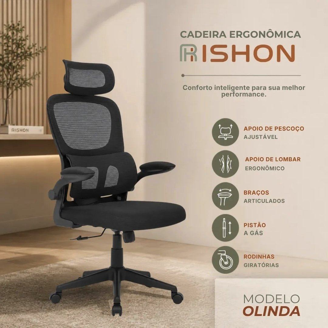 Cadeira Escritório Ergonômica Giratoria Reclinavel Olinda RSH500 Rishon Cor Preto Com S...
