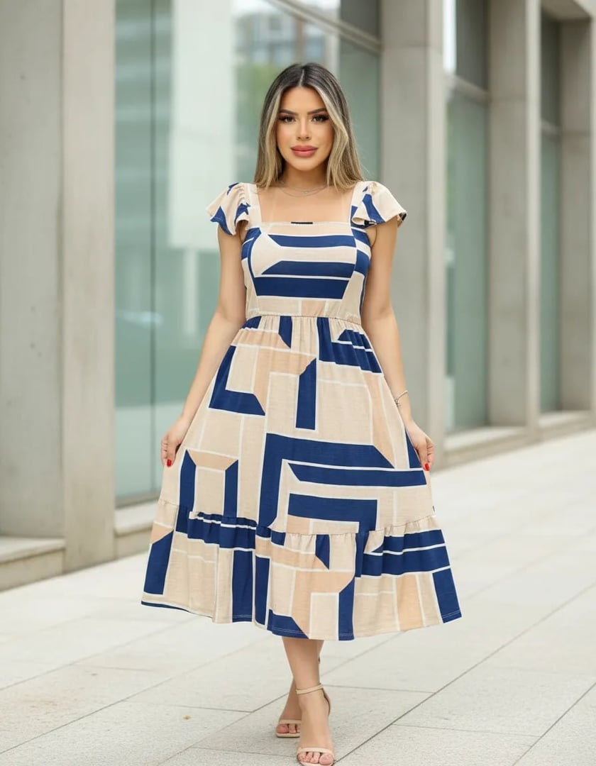 Vestido Feminino Midi Decote Quadrado Moda Evangélica