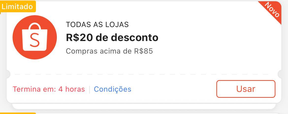 Cupom R$ 20 a partir de R$ 85 - Shopee