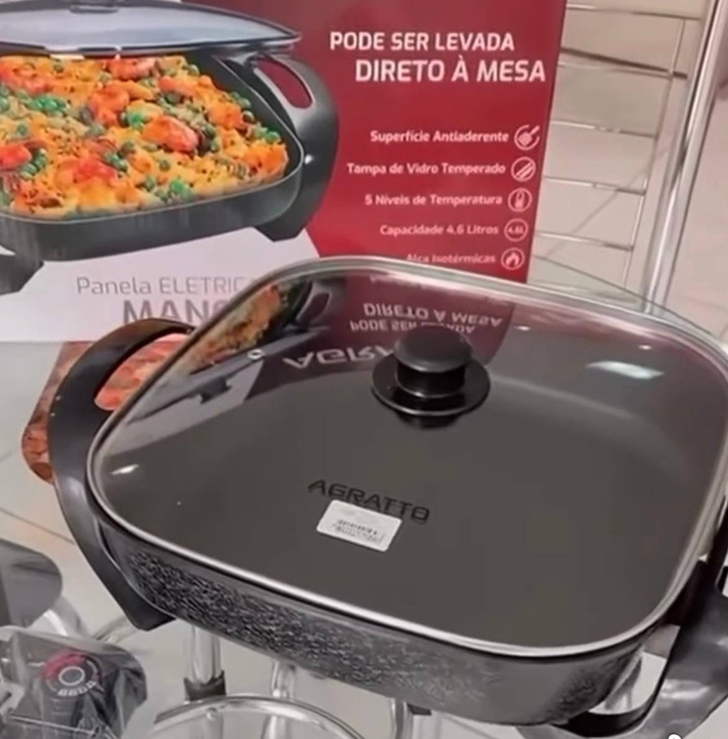 Panela Multifuncional Elétrica Quadrada 30cm Grill Antiaderente Portátil Mangiare Agratto Apeq01i Preto 127v 60hz