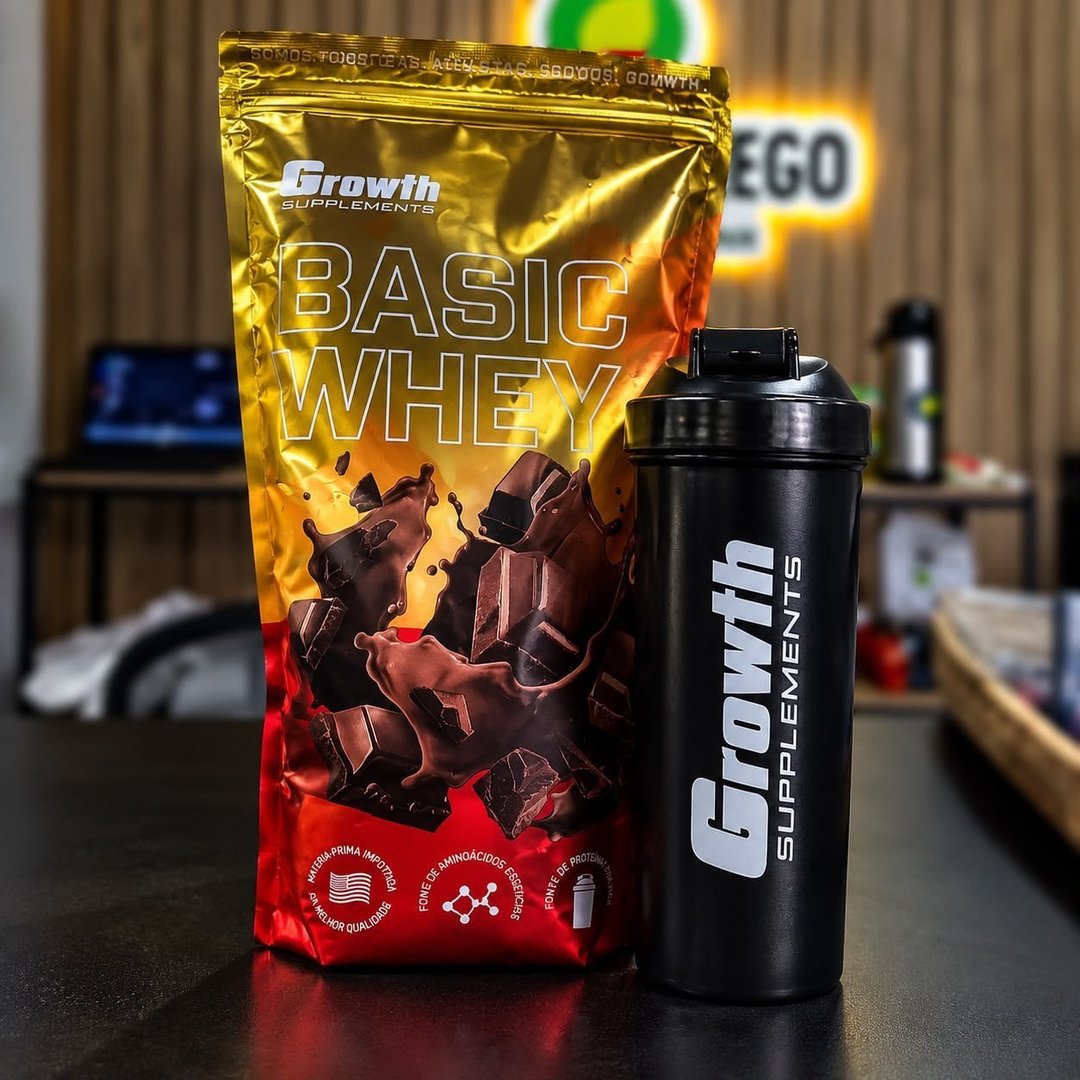 Kit Growth: Whey Protein Basic Chocolate 1kg + Coqueteleira Shaker Academia Preta 600ml