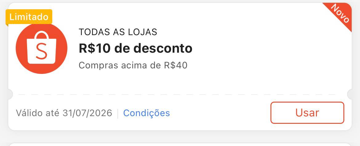Cupom R$ 10 a partir de R$ 40 - Shopee