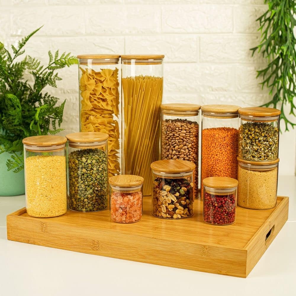 Oikos - Kit 11 Potes de Vidro com Tampa de Bambu Herméticos Redondos