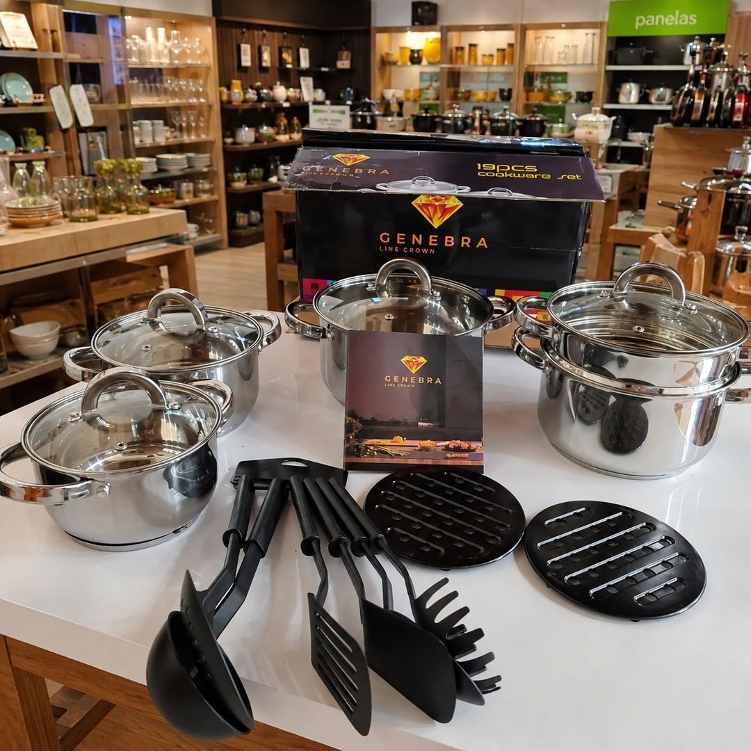 Jogo Panelas Inox 19 Peças Genebra Completo C/ Utensílios Prateado