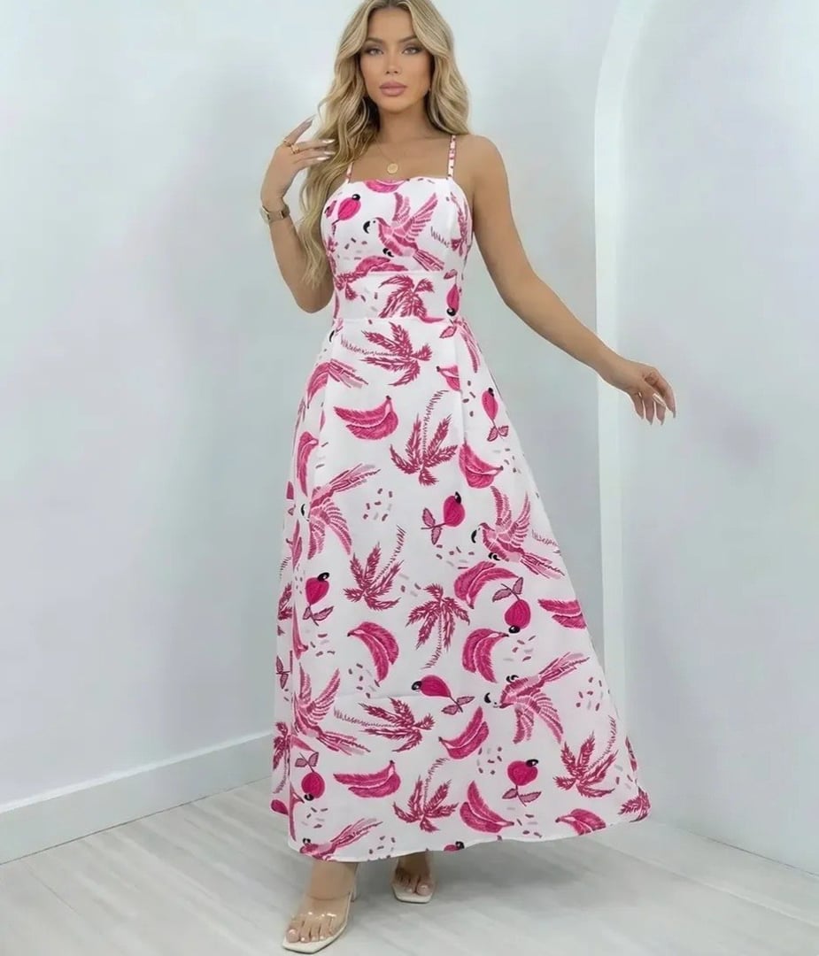 Vestido Longo Alça Fina Estampado Detalhe Bolsos Feminino - 4 cores