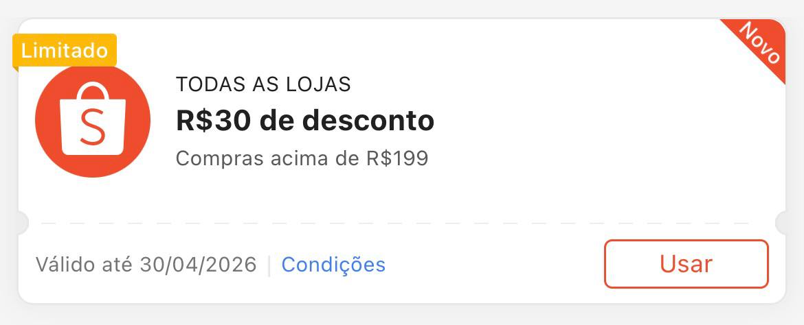 Cupom R$ 30 a partir de R$ R$ 199 - Shopee