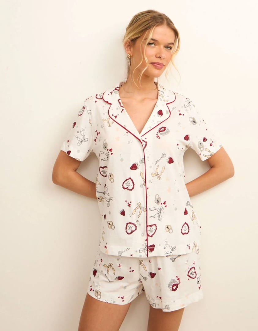 Pijama Short Doll Americano Em Algodão Com Estampa De Ícones Girlies Branco