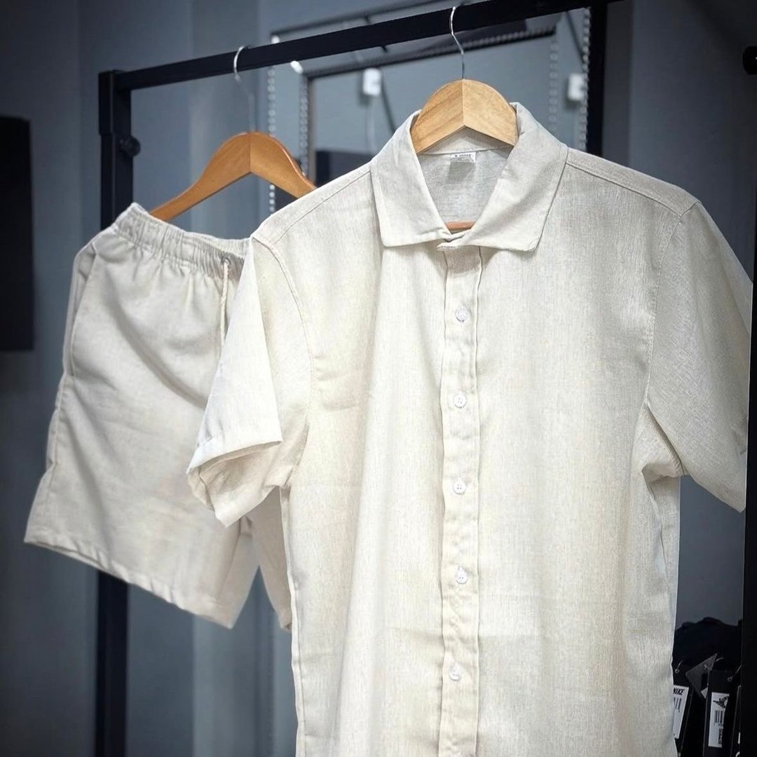 Conjunto Linho Camisa e Shorts Mauricinho Com Bolso Masculino - Tam. P ao GG