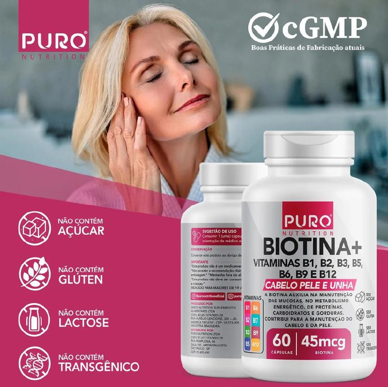 Biotina + Puro Nutrition Pele, Cabelo E Unhas, 45 Mcg De Biotina Por Dose, Vitaminas B1, B...
