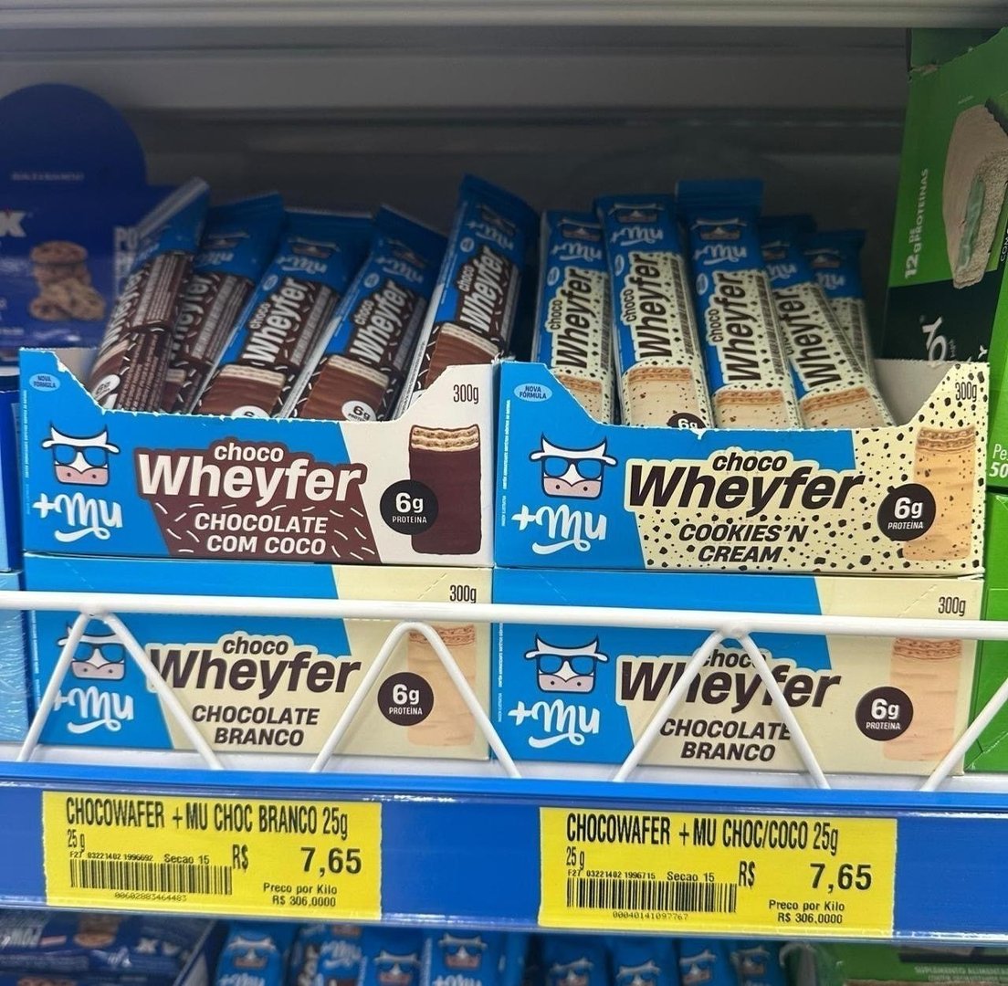 Chocowheyfer, Mais Mu, Wafer Proteico Sabor Chocolate Branco, 6g de Proteína, Zero Açúcar, Display com 12 Unidades