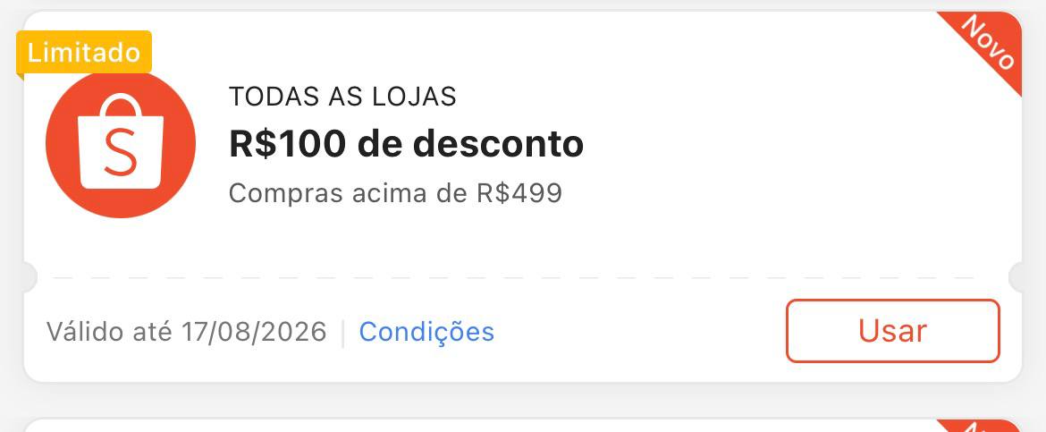 Cupom R$ 100 a partir de R$ 499 - Shopee