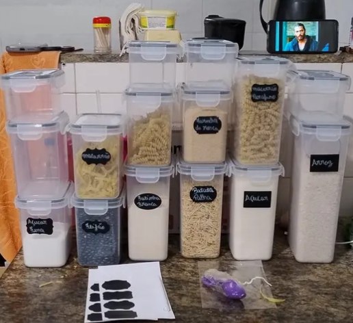 Kit 15 Potes LuvinCo Hermético Cadencia Mantimentos Quadrado Cozinha Branco