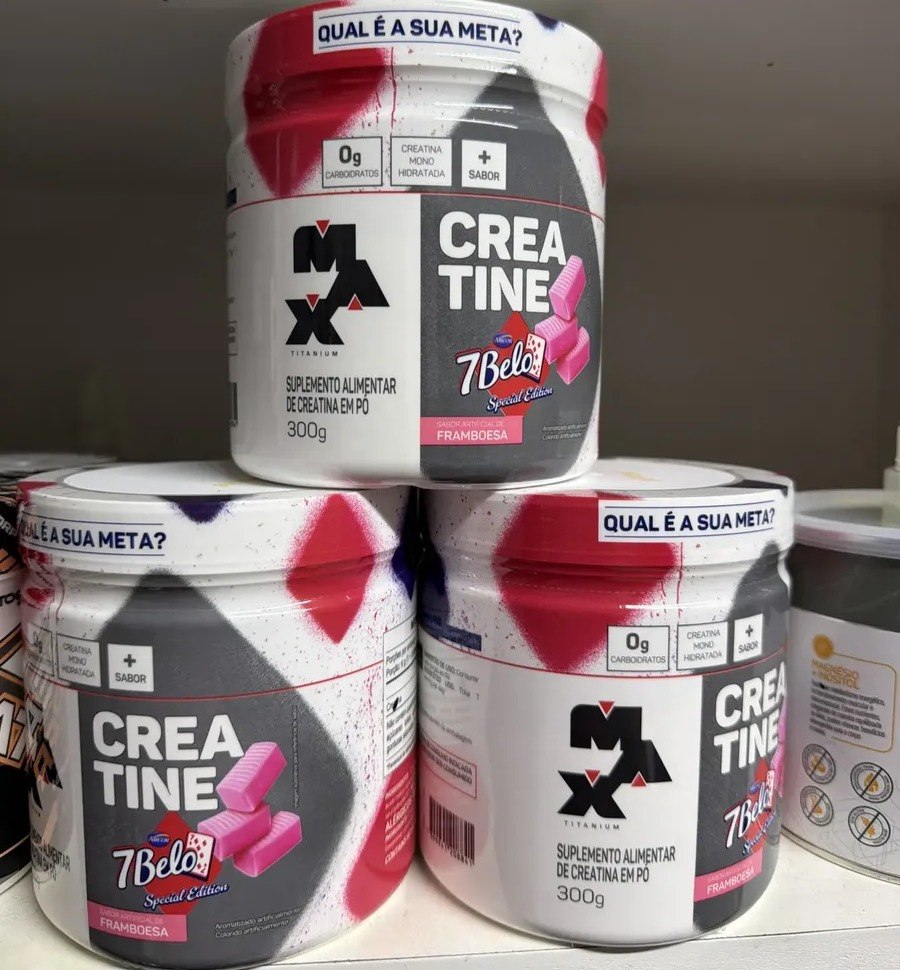 Kit 3 Creatina Max Titanium 7 Belo Monohidratada Sabor Framboesa Força Energia Alta Performance Treino 300g