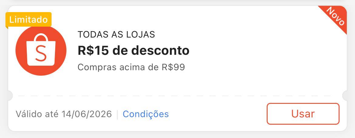 Cupom R$ 15 a partir de R$ 99 - Shopee