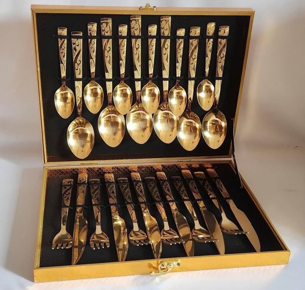 Kit 24 Talheres Luxo Premium Faqueiro Dourado Com Maleta Dourado