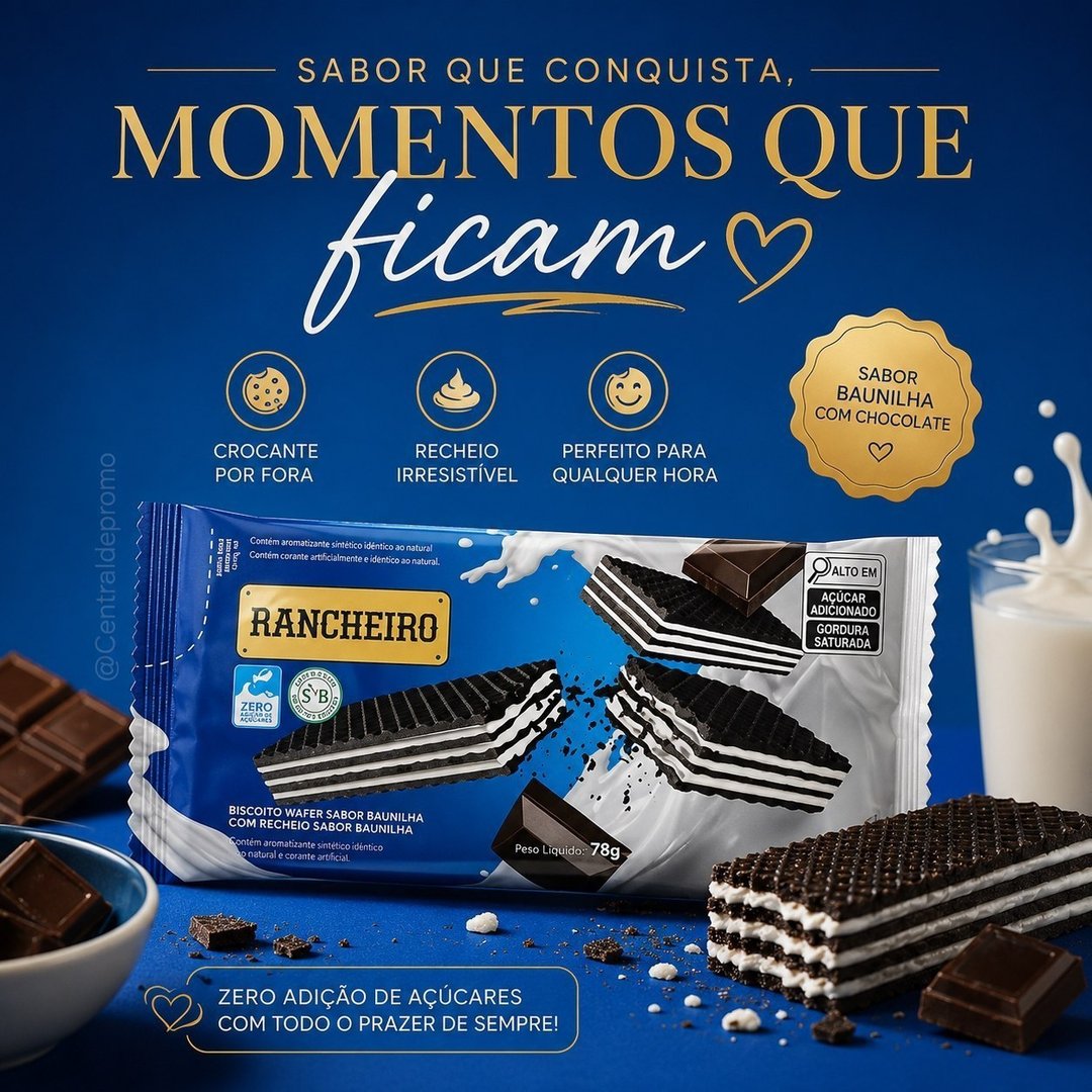 Wafer Rancheiro Recheado Sabor Baunilha – Biscoito Crocante 78g – Lanche Prático e Delicioso