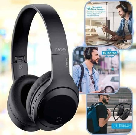 I2GO, Headphone Bass 300, Bluetooth, Microfone Integrado, Controle Multimídia, Até 10h de ...