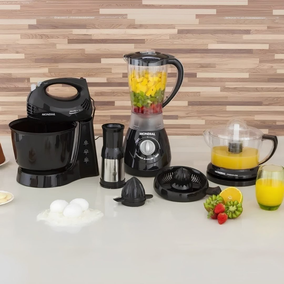Kit Cozinha Mondial Liquidificador Batedeira E Espremedor Kt-105-b Preto 127v