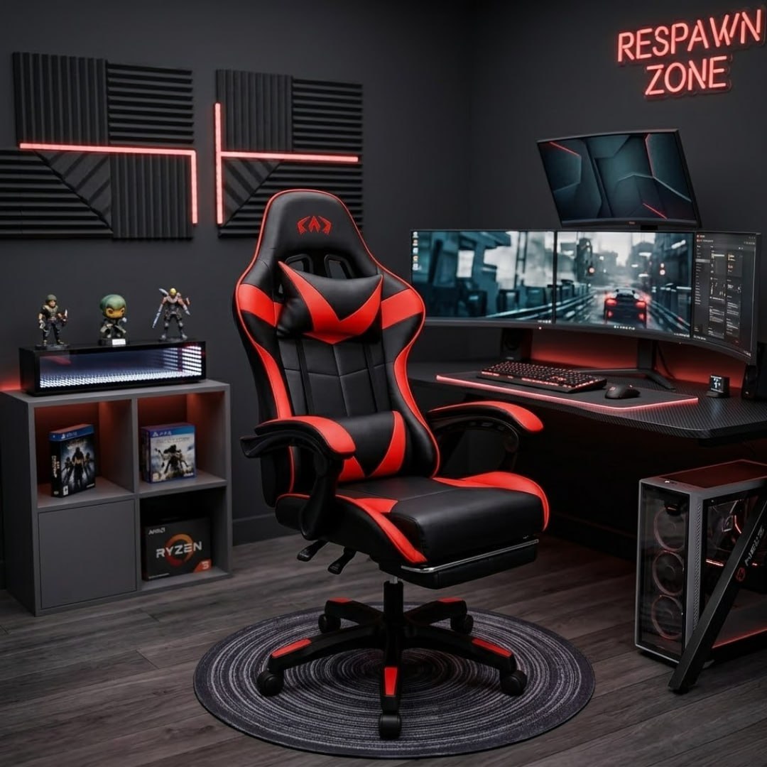 Cadeira Gamer Ergonomica Reclinavel Apoio Pes Almofada Branca Couro Sintetico Apoio Lombar...