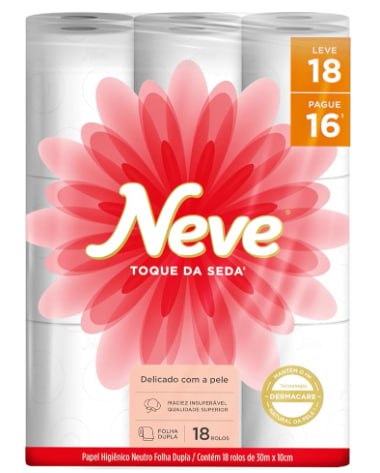 Neve Papel Higiênico Toque de Seda Folha Dupla, 30m, Leve 18 Pague 16 Rolos
