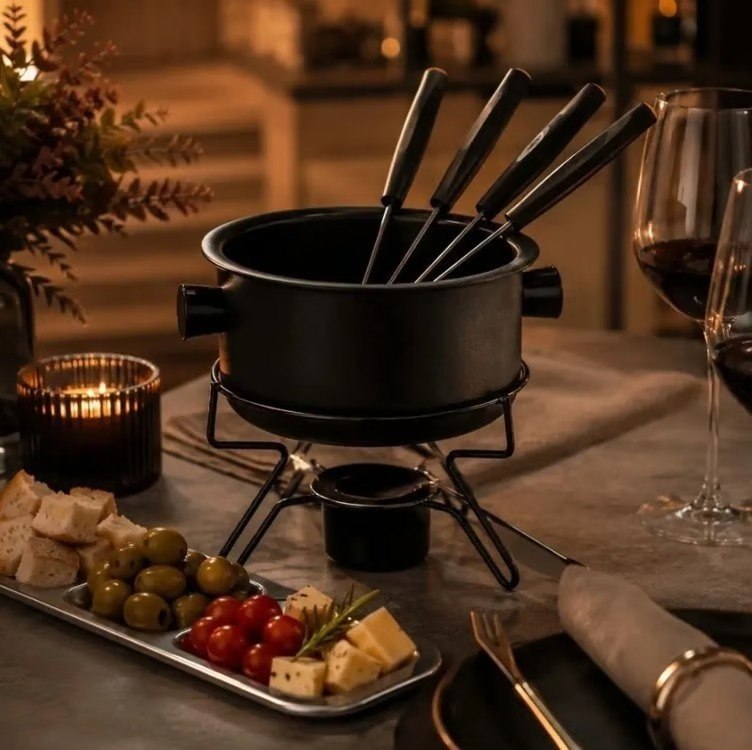 🤓Aparelho Fondue Pop Antiaderente 7 Pçs Preto Forma + 4 Garfo