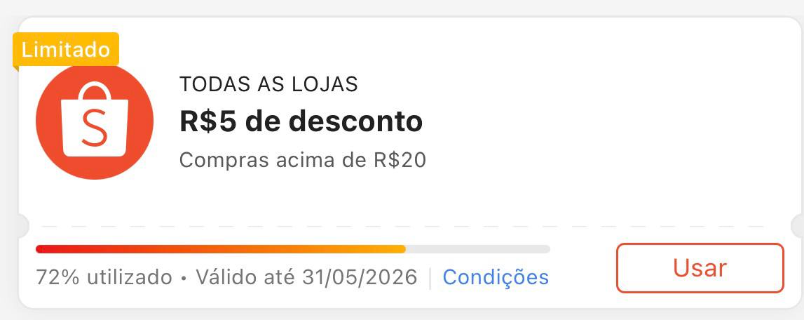 Cupom R$ 5 a partir de R$ 20 - Shopee