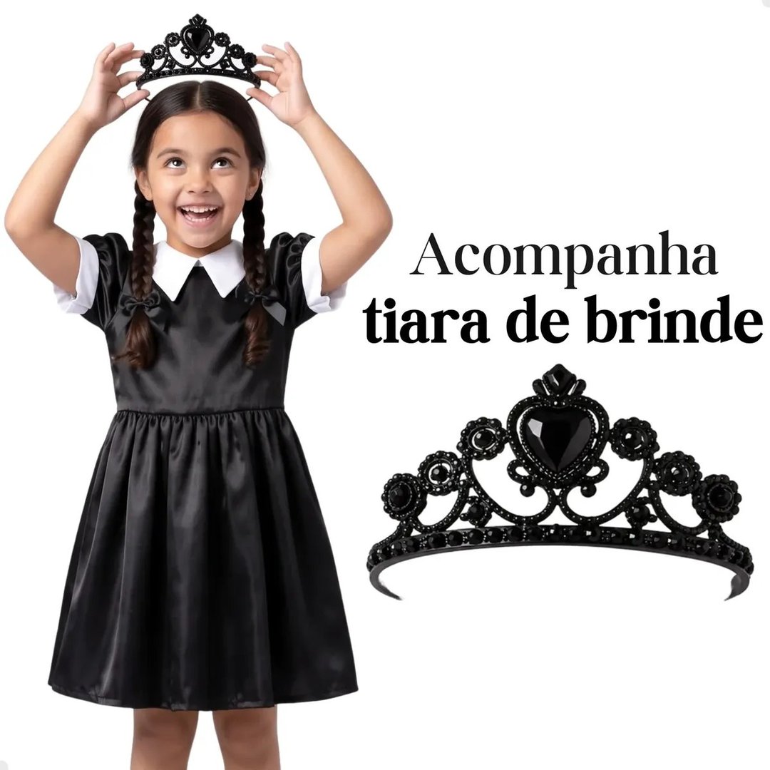 Fantasia Vandinha Halloween Infantil Addams Vestido Tiara Preto M
