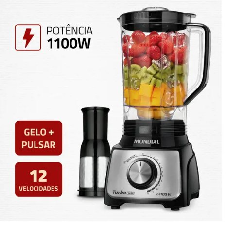 Liquidificador Mondial Turbo Inox L-1100 BI Preto com Filtro 12 Velocidades 1100W