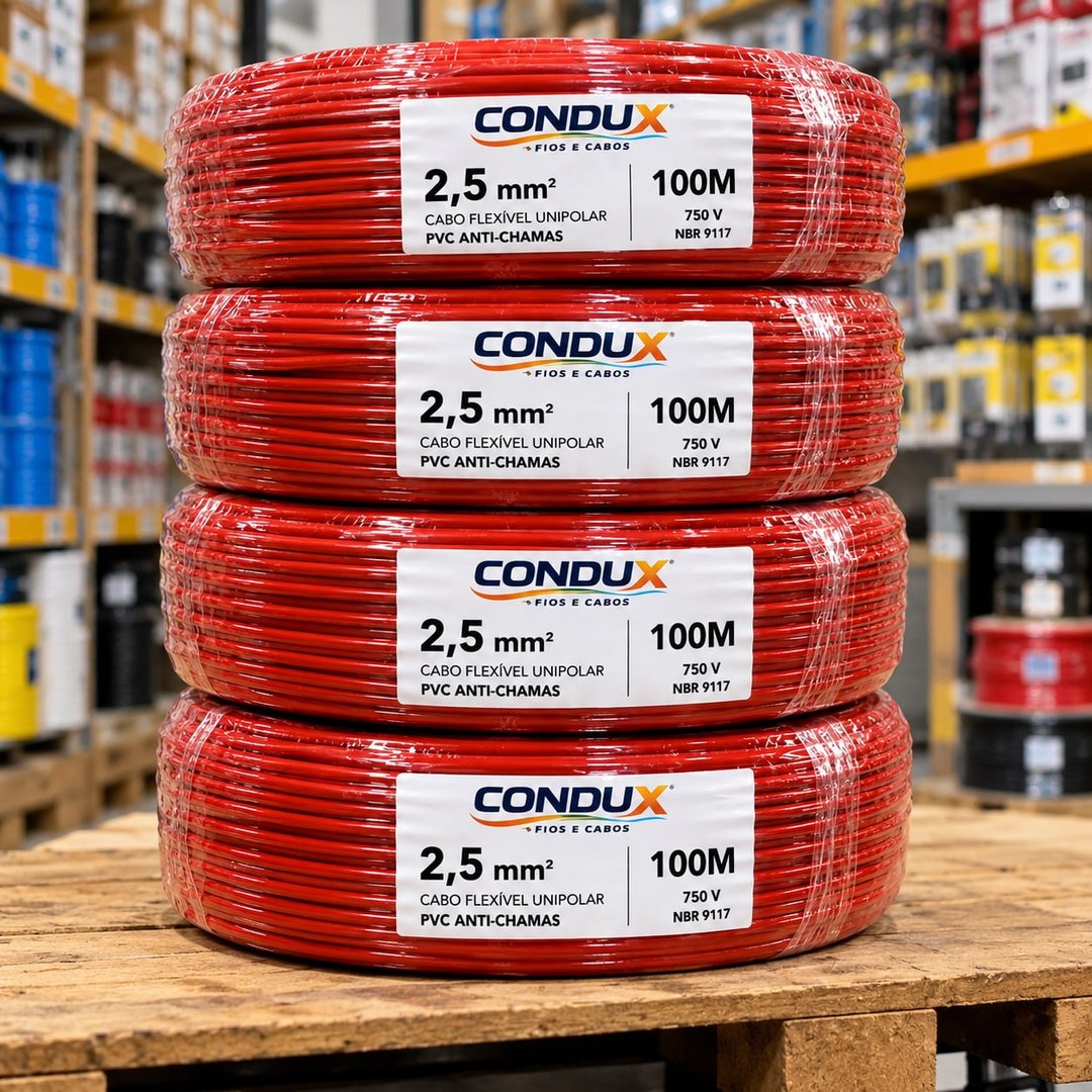 Cabo Flexivel 2,5mm Unipolar Com 100 Metros Condux 750v Vermelho