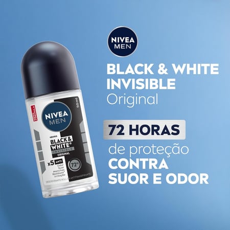NIVEA MEN Desodorante Antitranspirante Roll On Invisible Black & White 50ml - Proteção pro...