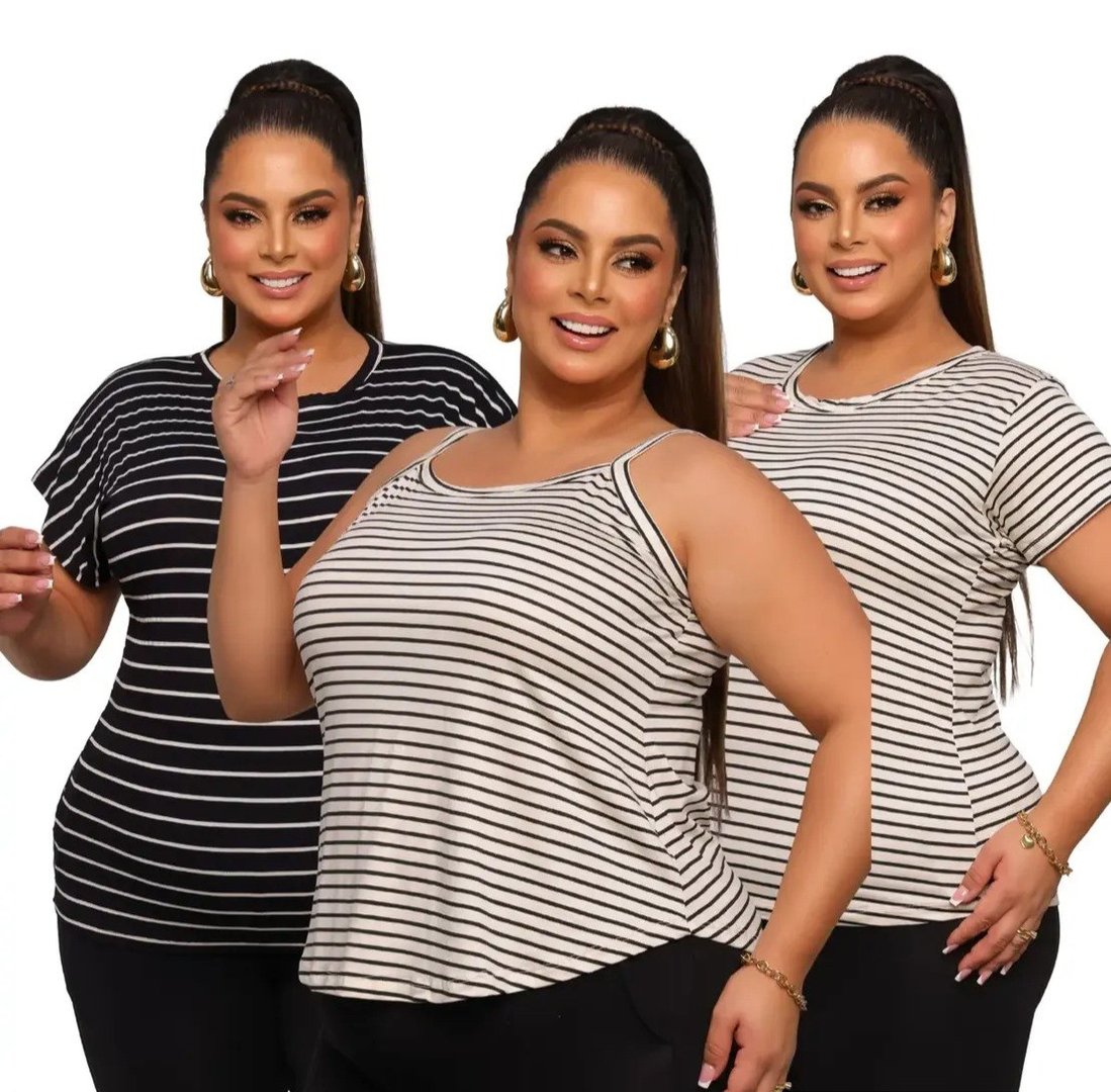 Kit 3 Blusas Tshirt Plus Size Listrada Manga E Alçinha Leve - Tam. G/GG/G1
