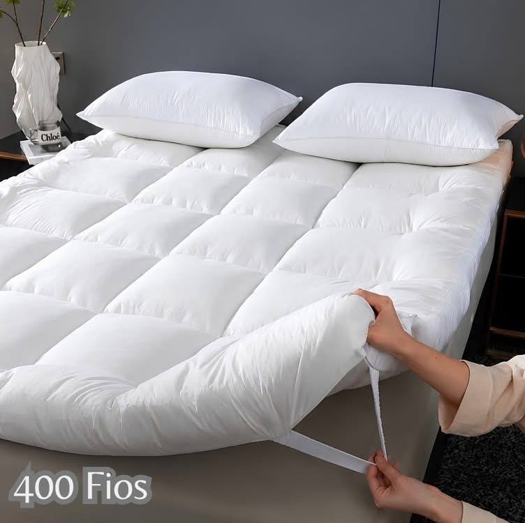 Pillow Top Protetor Colchão Cama Casal 400 Fios Toque Macio Branco Matelado Liso Casal