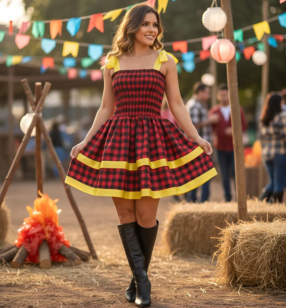 Vestido Quadrilha Festa Junina Arraiá Caipira Xadrez Rodado Xadrez Vermelho Unico(38-44)