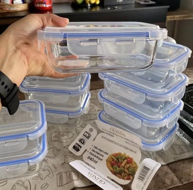 Kit 10 Pote De Vidro Marmita Hermético 640ml Freezer Fitness Rishon Azul-escuro