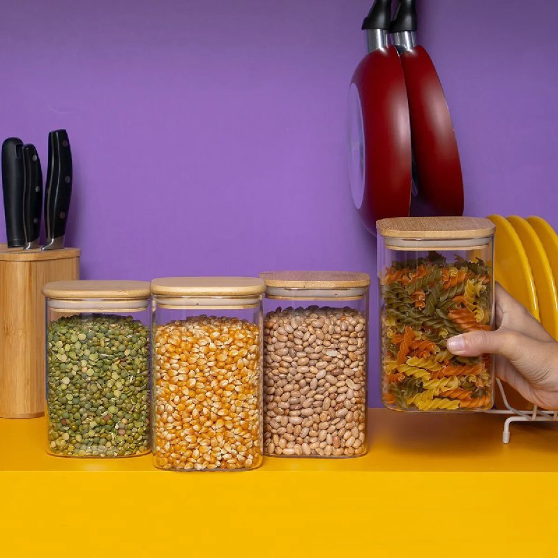 Kit 4 Potes De Vidro 1,1l Tampa De Bambu Herméticos - Tüd Cor Nude