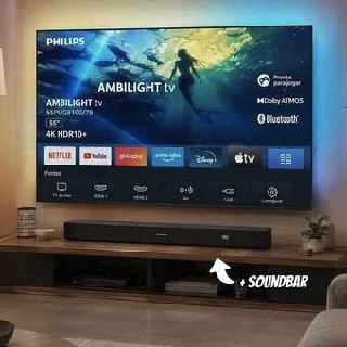 Philips Smart TV Ambilight 55" 4K, 55PUG8100/78 ➕ Soundbar TAB4000, Aparelho de Áudio para TV, Bluetooth, HDMI ARC e USB