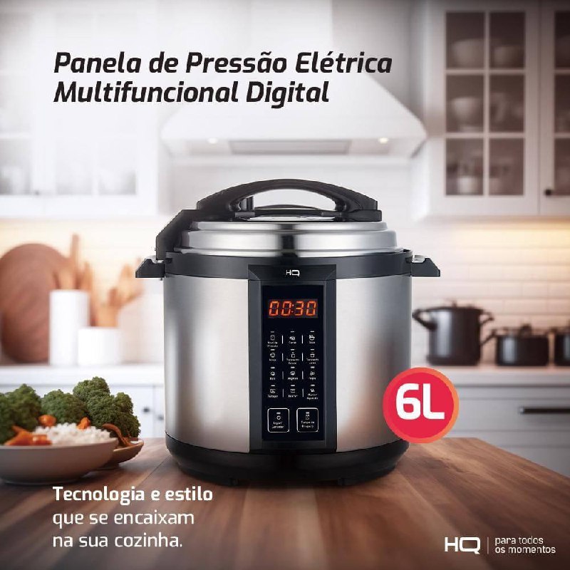 Panela de Pressão Elétrica Multifuncional Digital HQ 6L Inox HQ-Y6DI