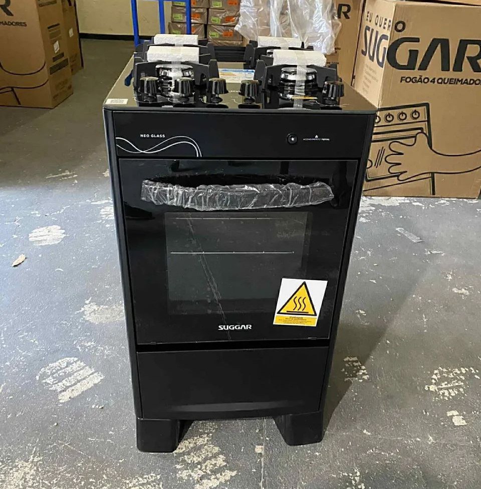 🤓SUGGAR FOGÃO NEO GLASS PRETO MESA DE VIDRO 4 BOCAS TREMPE 6 APOIOS ACENDIMENTO AUTOMÁTIC...