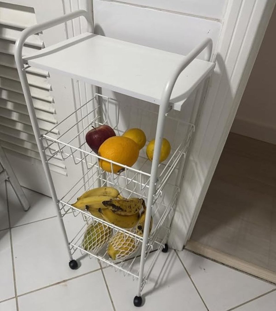 Fruteira de Chão 3 Andares Organizadora c/Rodinhas e Cesto Removível Branca - By K80