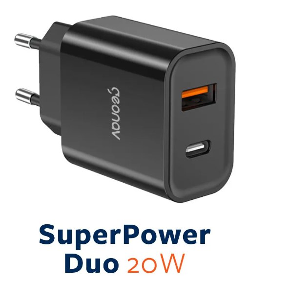 Carregador 20w Turbo Pd Duo Tipo C + Usb A Preto Geonav