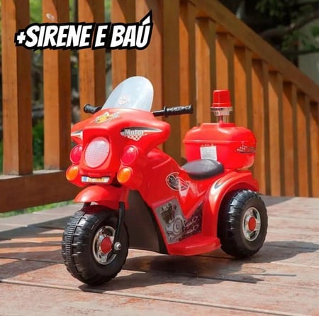 Mini Moto Elétrica Infantil Policial Vermelha com Som Sirene e Luz Giroflex com Baú