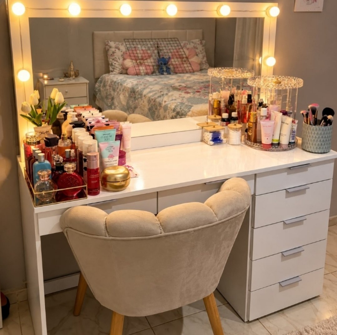Penteadeira Ditália 7 Gavetas Branco C/ Kit Luz Camarim Cozy Branco