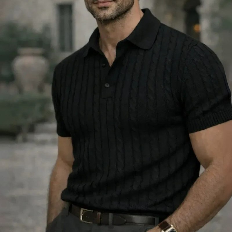 Camisa Polo Masculina Tricô Trama Trançada Preto Texturizada G Trançado