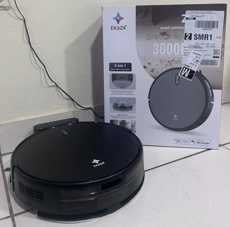 Robô Aspirador de Pó Inteligente 3 em 1 Ekaza Passa Pano Mapeamento Wi-fi App Preto - Bivolt
