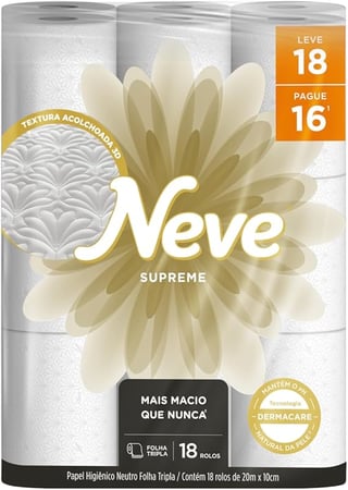 Neve Papel Higiênico Supreme Folha Tripla, 20m, Leve 18 Pague 16 Rolos