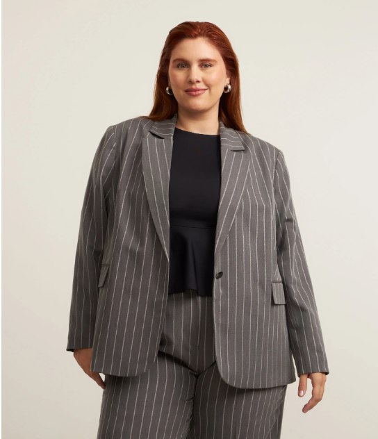 Blazer Alfaiatado com Botão e Riscas de Giz Curve & Plus Size Cinza